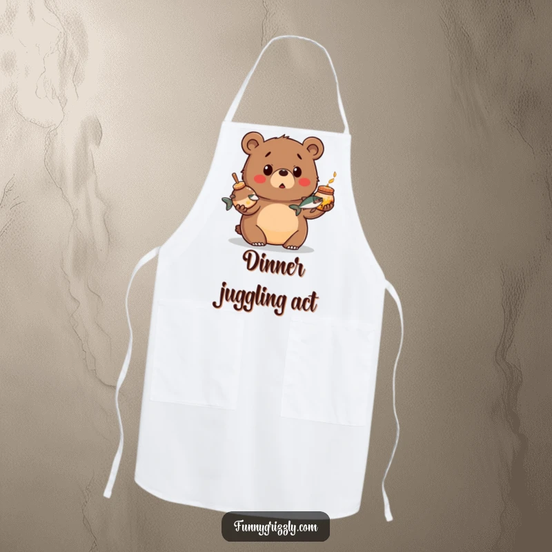 Funny apron with a chubby grizzly bear looking surprised while juggling a honey pot and a salmon, adding humor to kitchen tasks.