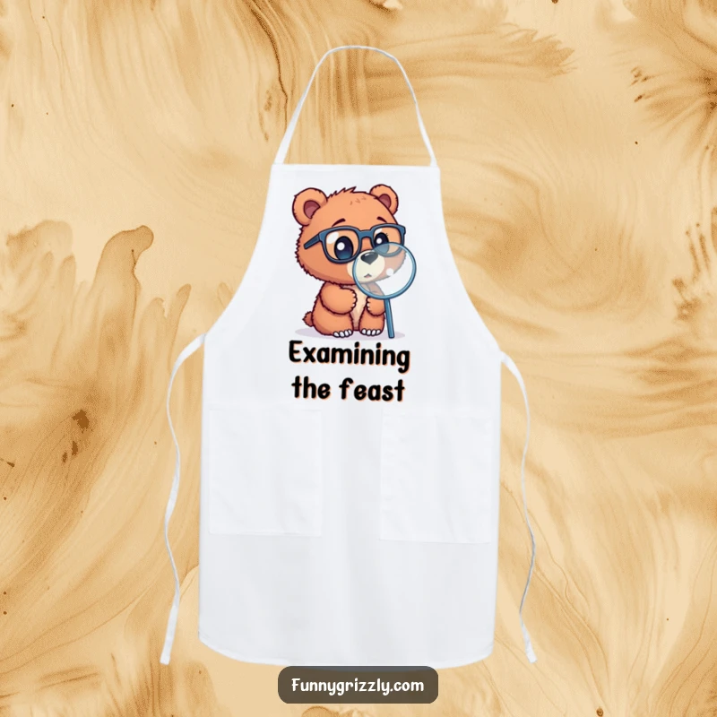 Funny apron showcasing a curious grizzly bear cub with glasses, using a magnifying glass, a playful kitchen accessory.