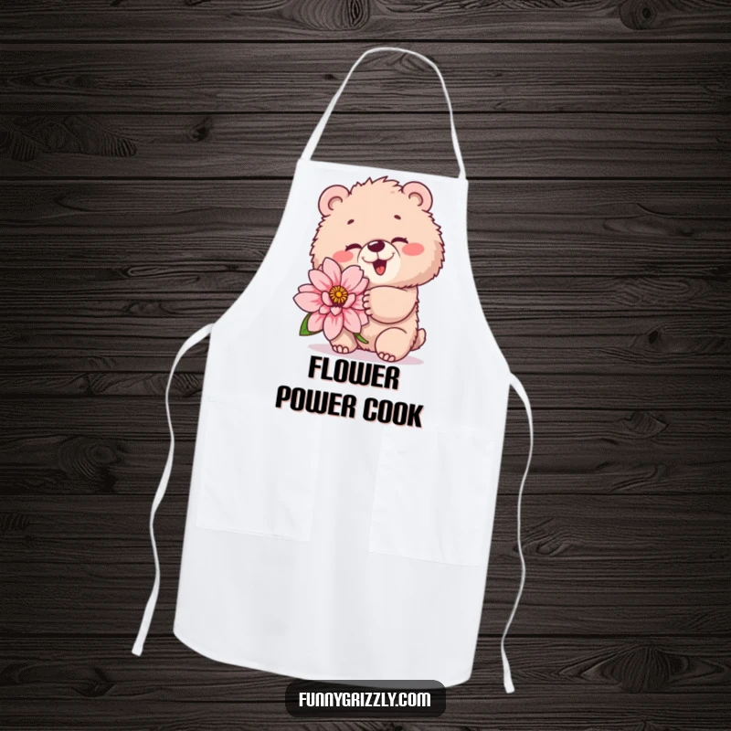 Funny apron with a fluffy grizzly bear winking playfully while holding a giant flower, bringing charming humor to kitchen tasks.