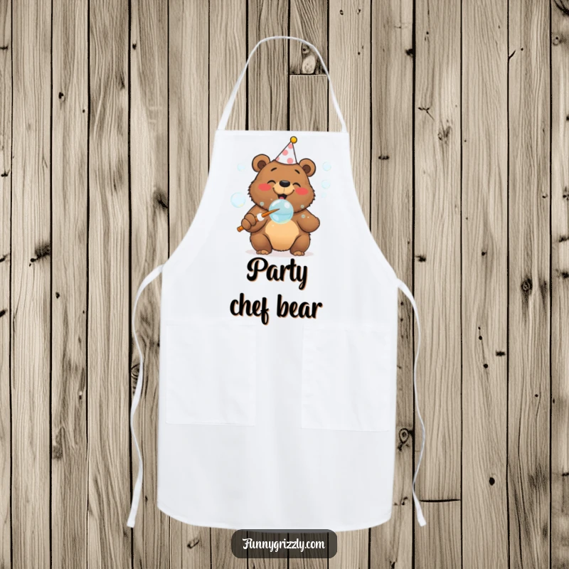 Funny cheerful grizzly bear in a party hat blowing bubbles with a huge wand on a functional and humorous apron.