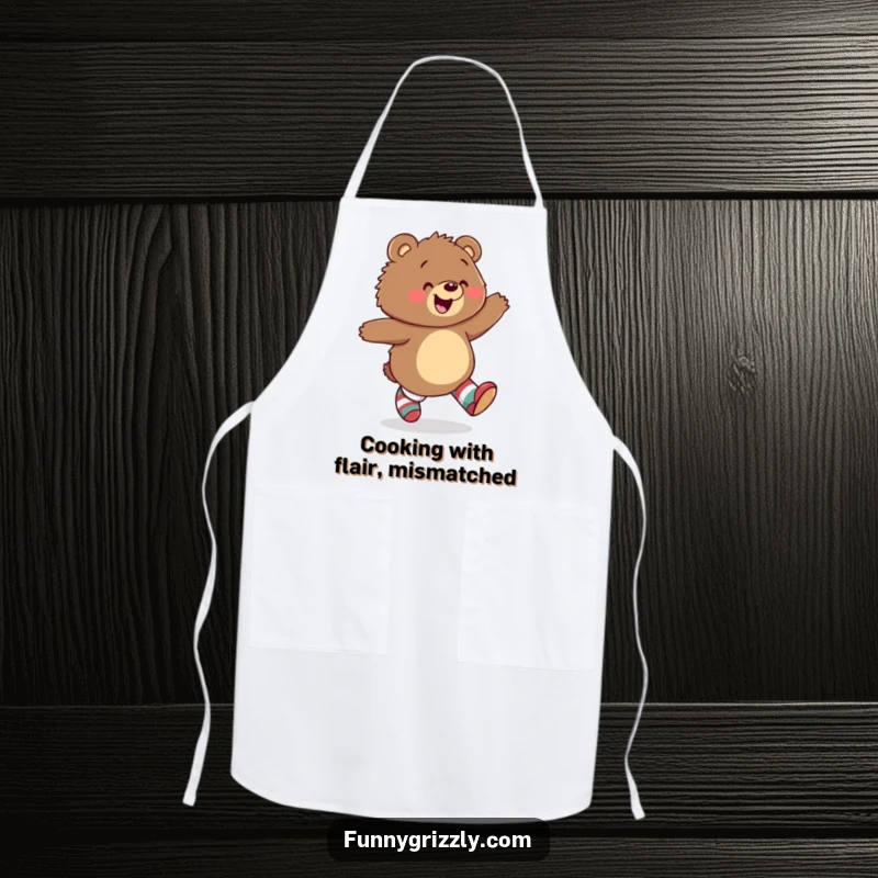 Funny apron showing a joyful grizzly bear skipping happily while wearing mismatched socks, perfect for adding humor to kitchen tasks.