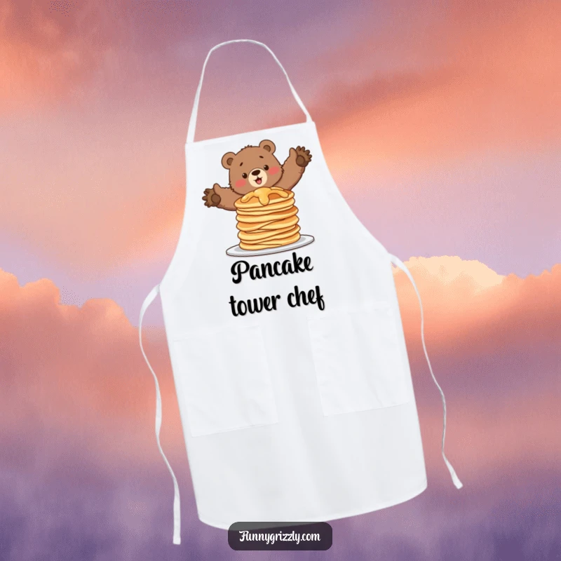 Funny apron with a grizzly bear attempting to balance on a wobbling stack of pancakes, bringing humorous breakfast fun to kitchen tasks.
