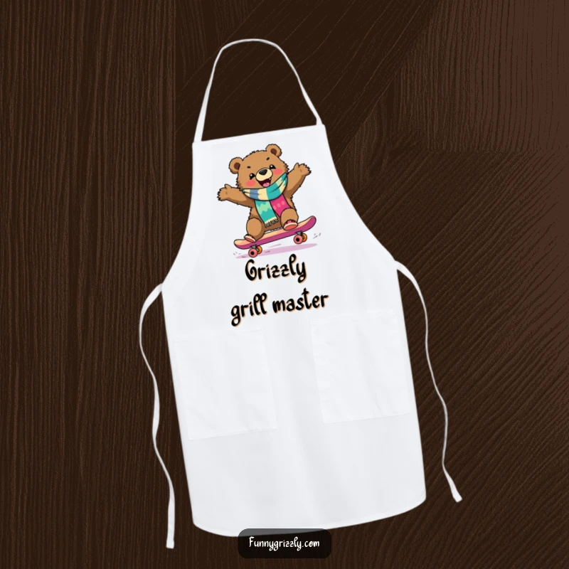 Funny grizzly bear in a scarf skateboarding downhill, depicted on a protective and humorous kitchen apron.