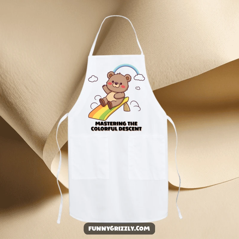 Funny apron featuring a happy grizzly bear sliding down a colorful rainbow, perfect for adding humor to kitchen tasks.