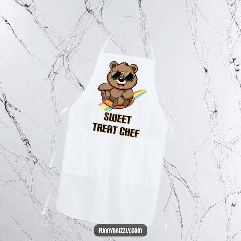 Funny smiling grizzly bear in sunglasses sliding down a rainbow, featured on a protective and humorous apron.