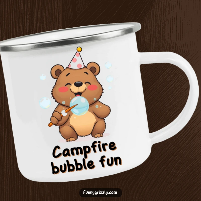 Funny cheerful grizzly bear in a party hat blowing bubbles with a huge wand, featured on a durable camping mug.