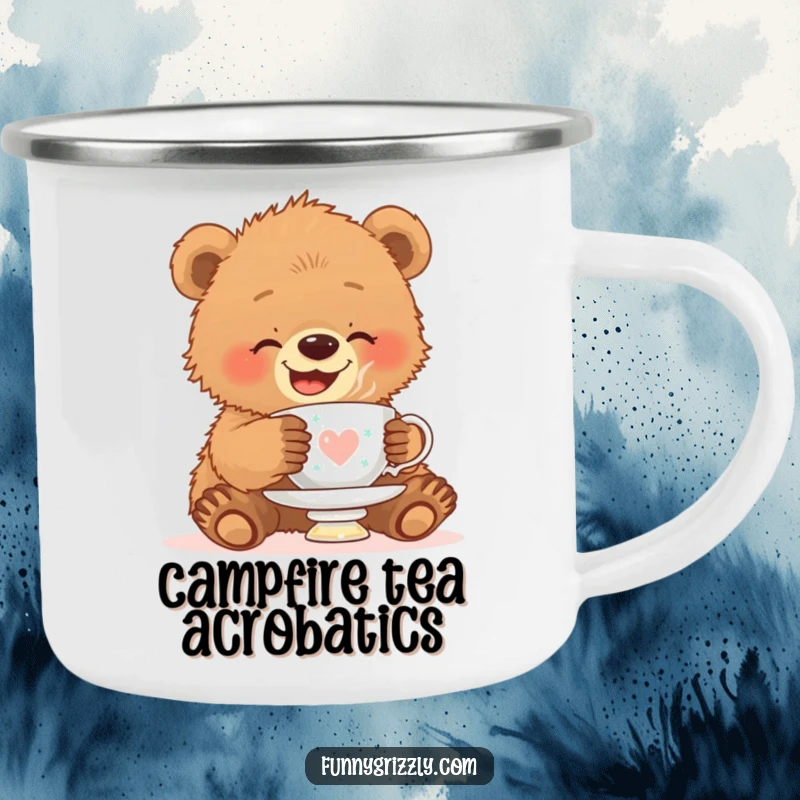 Funny camping mug showcasing a giggling grizzly bear cub balancing a teacup on its head, combining durability with undeniable charm.