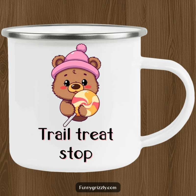 Funny curious grizzly bear in a novelty hat peeking from behind a giant lollipop, featured on a durable camping mug.