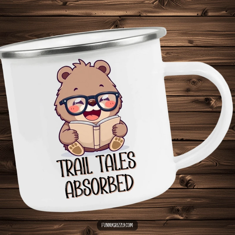 Funny camping mug of a laughing grizzly bear wearing oversized glasses, reading a tiny book, ideal for enjoying drinks outdoors.