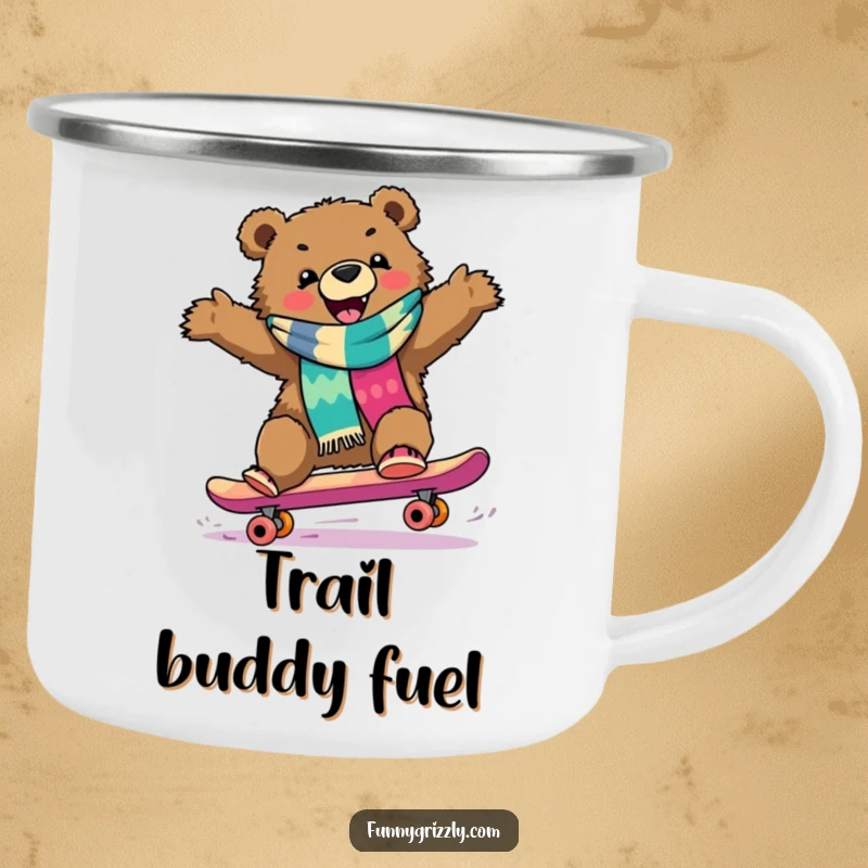 Funny grizzly bear in a scarf skateboarding downhill, designed for a durable and humorous camping mug.