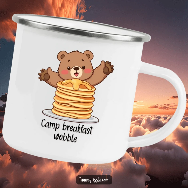 Funny camping mug of a grizzly bear attempting to balance on a wobbling stack of pancakes, ideal for enjoying drinks outdoors.