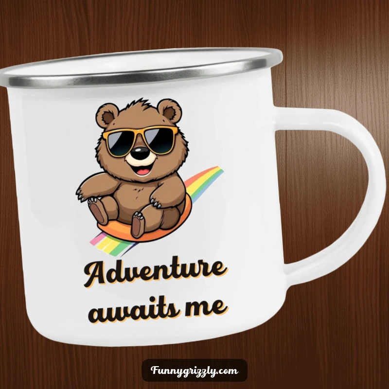 Funny smiling grizzly bear in sunglasses slides down a rainbow, designed for a durable and humorous camping mug.