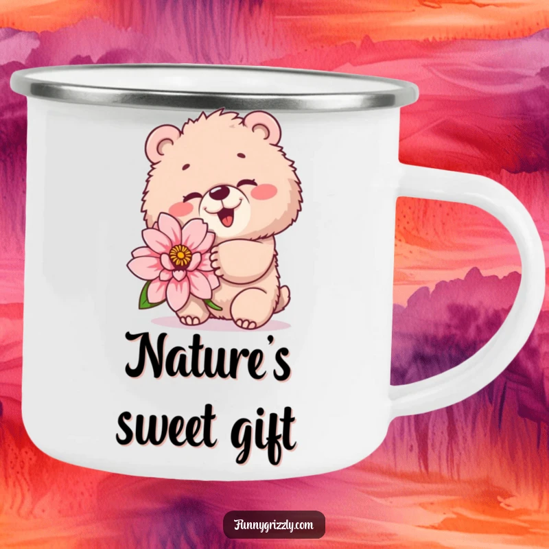 Funny camping mug of a fluffy grizzly bear winking playfully while holding a giant flower, ideal for enjoying drinks outdoors.