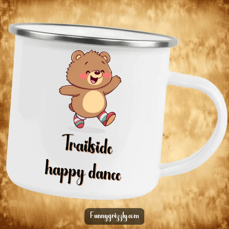 Funny camping mug with a joyful grizzly bear skipping happily, wearing mismatched socks, designed for outdoor fun and warm drinks.