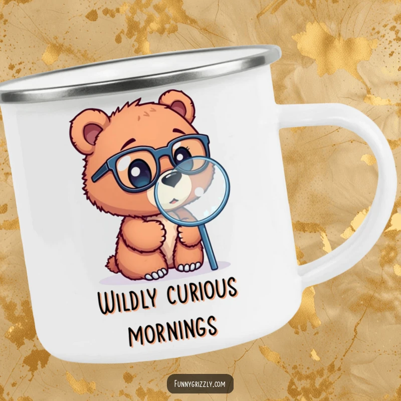 Funny camping mug with a curious grizzly bear cub wearing glasses, exploring with a magnifying glass, perfect for outdoor drinks.