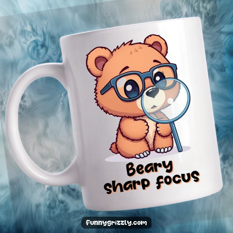 Funny mug featuring a curious grizzly bear cub wearing oversized glasses, peering intently at a giant magnifying glass.