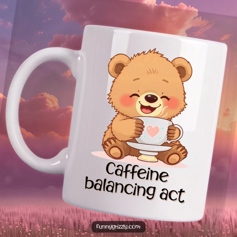 Funny mug shows a giggling grizzly bear cub precariously balancing a teacup on its fluffy head, radiating cuteness and humor.