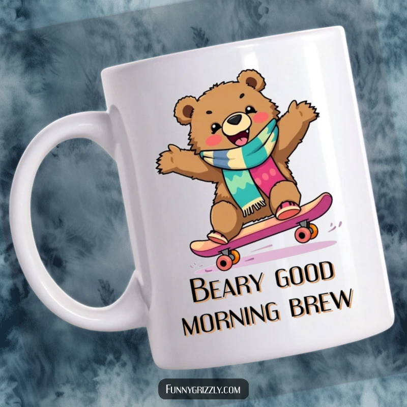 Funny grizzly bear in a colorful scarf joyfully skateboarding downhill, captured on a vibrant mug for a humorous gift.