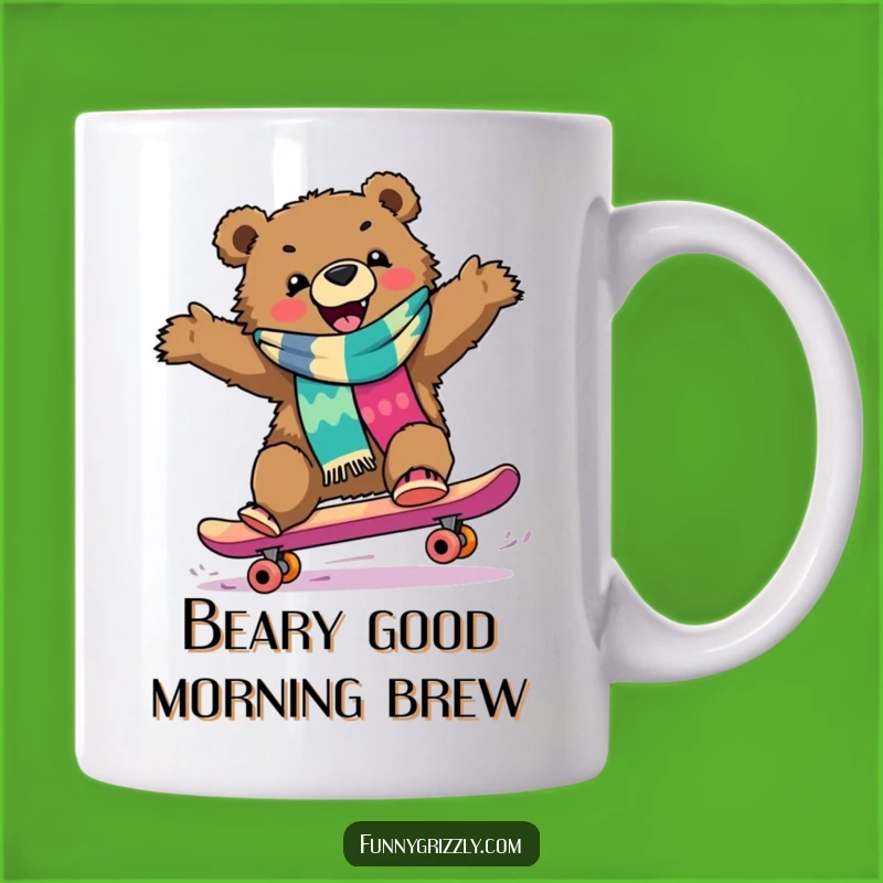 Funny Grizzly Bear Skateboarder Mug, A Hilarious Gift for Skaters and Bear Lovers