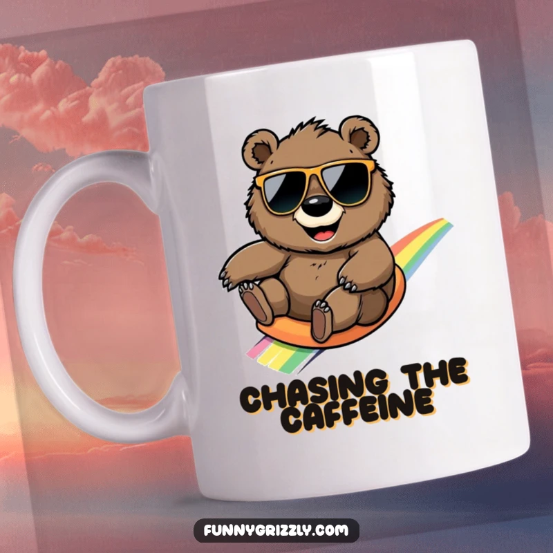 Funny smiling grizzly bear in sunglasses slides down a rainbow on a vibrant and humorous mug.