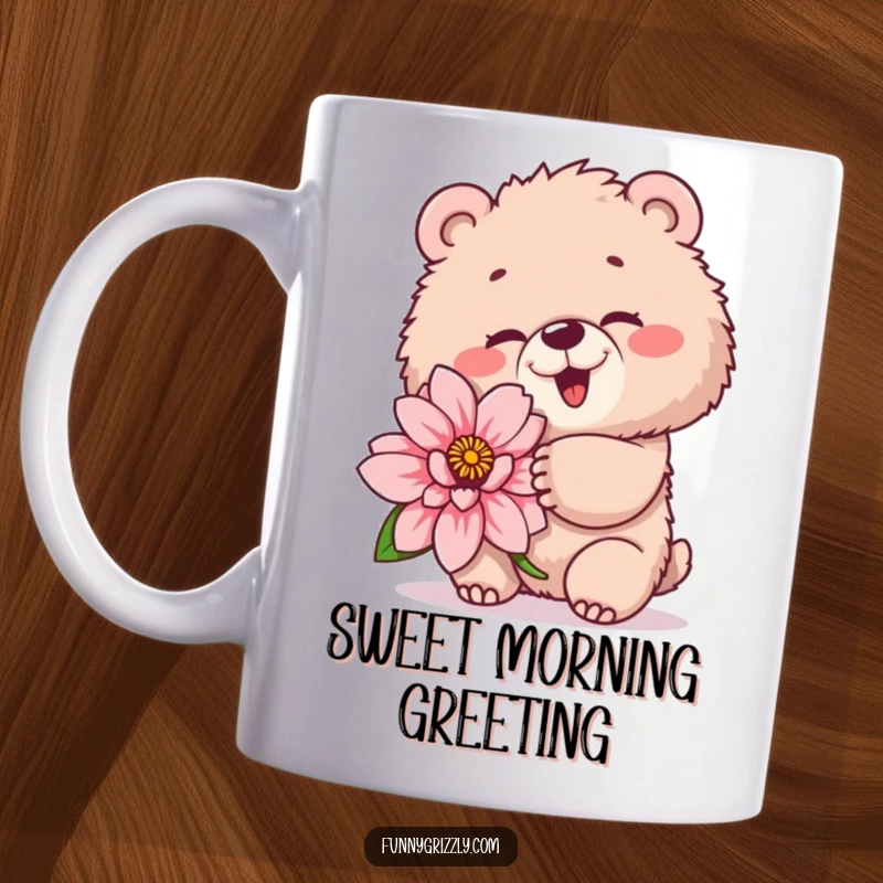 Funny mug of a fluffy grizzly bear winking playfully while holding a giant flower, exuding charm and sweetness.
