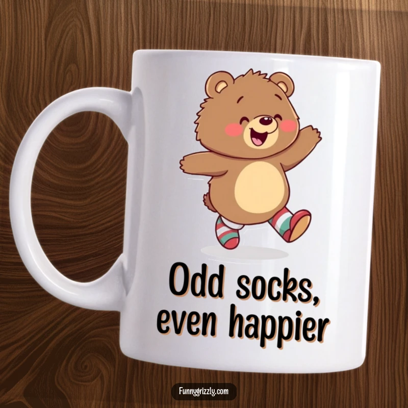 Funny mug features a joyful grizzly bear skipping happily while wearing mismatched socks, embodying playful freedom and glee.