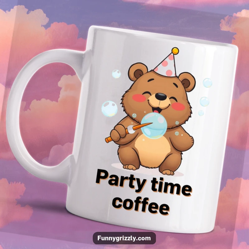 Cheerful grizzly bear in a party hat gleefully blowing bubbles with a huge wand on a fun mug.