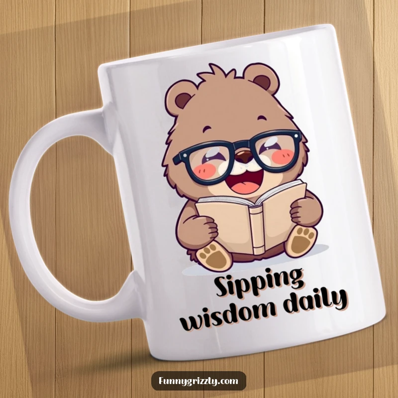 Funny mug of a laughing grizzly bear wearing oversized glasses, engrossed in reading a tiny book, exuding intellectual charm and humor.