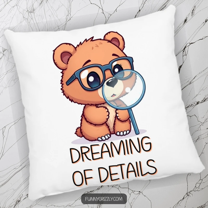 Funny pillow featuring a curious grizzly bear cub with glasses, looking through a magnifying glass, a soft and charming item.