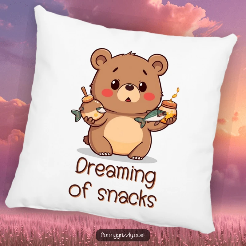 Funny pillow with a chubby grizzly bear looking surprised while juggling a honey pot and a salmon, offering soft humor and comfort.