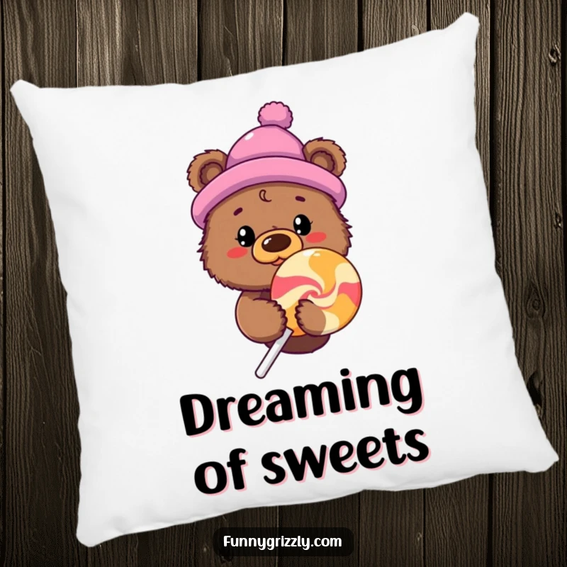 Funny grizzly bear in a hat peeking from behind a giant lollipop, featured on a plush and humorous pillow.
