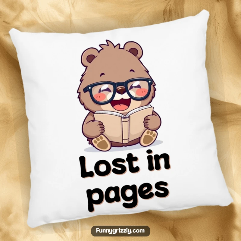 Funny pillow with a laughing grizzly bear wearing oversized glasses, reading a tiny book, offering soft humor and intellectual comfort.