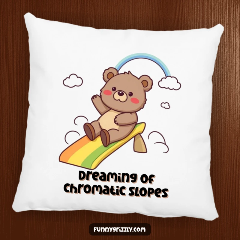 Funny pillow with a cheerful grizzly bear sliding down a vibrant rainbow, offering a touch of whimsical comfort and playful decor.