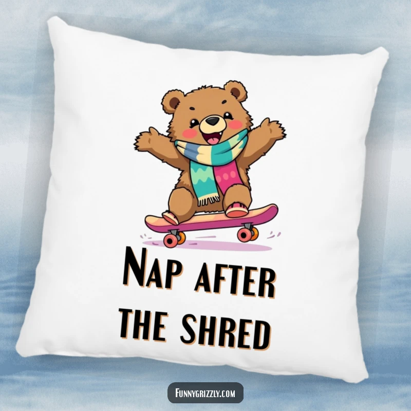 Funny grizzly bear in a colorful scarf riding a skateboard downhill, featured on a soft and decorative pillow.
