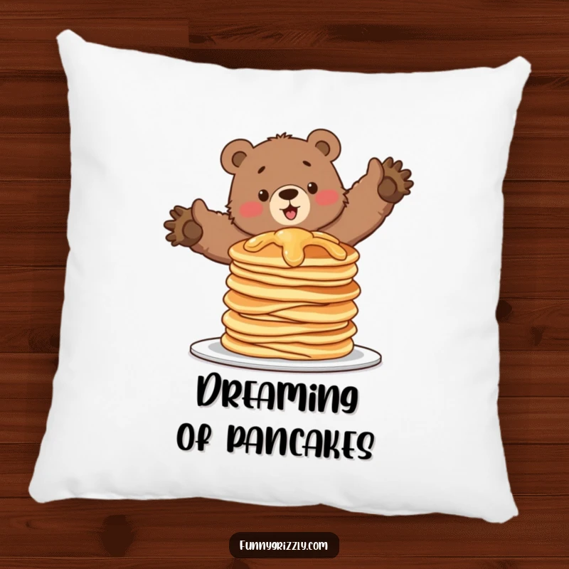 Funny pillow with a grizzly bear attempting to balance on a wobbling stack of pancakes, offering soft humor and cozy breakfast comfort.
