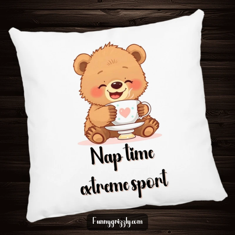 Funny pillow featuring a giggling grizzly bear cub precariously balancing a teacup on its head, offering soft comfort and charm.