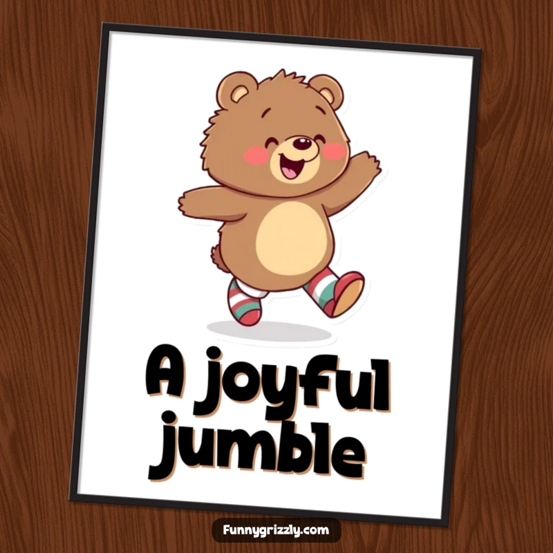 Funny digital art print of a gleeful grizzly bear skipping with joy, wearing mismatched socks, a downloadable piece of whimsical art.