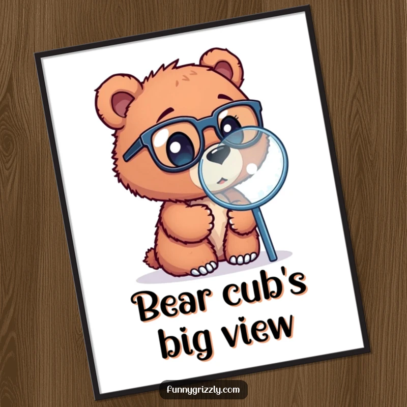 Funny digital art print of a curious grizzly bear cub with glasses, looking through a magnifying glass, ready to add charm.