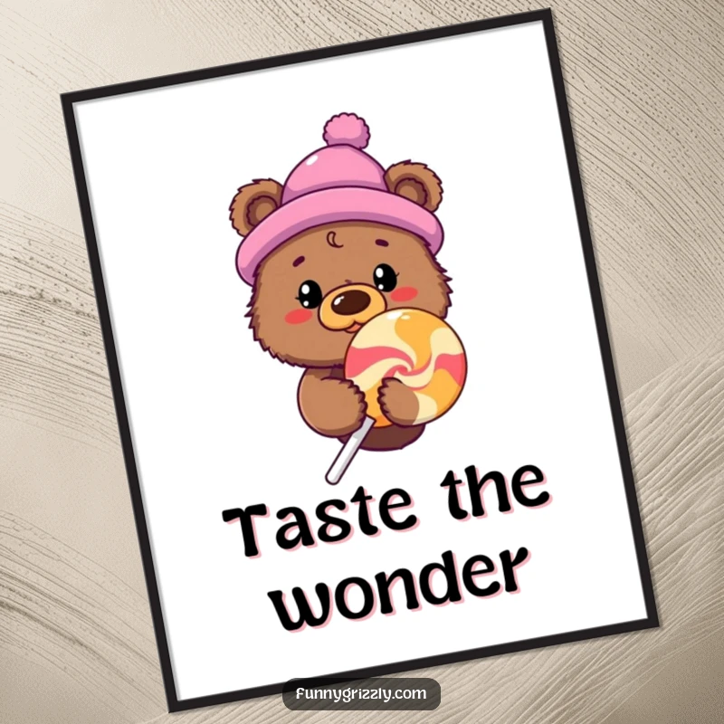 Funny curious grizzly bear in a novelty hat peeking from behind a giant lollipop, as downloadable humorous digital art.