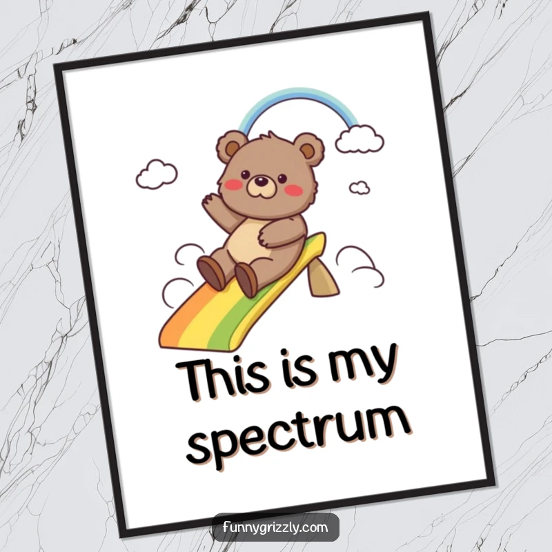 Funny digital art print of a silly grizzly bear joyfully sliding down a vibrant rainbow, a downloadable piece of cheerful and whimsical art.