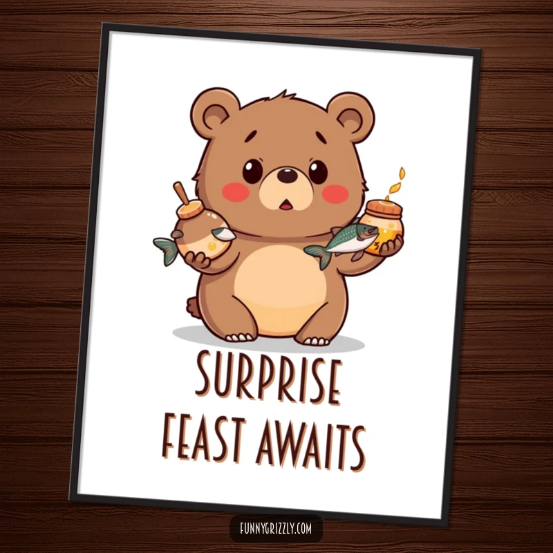 Funny digital art print of a chubby grizzly bear looking surprised while juggling a honey pot and a salmon, offering instant humorous decor.