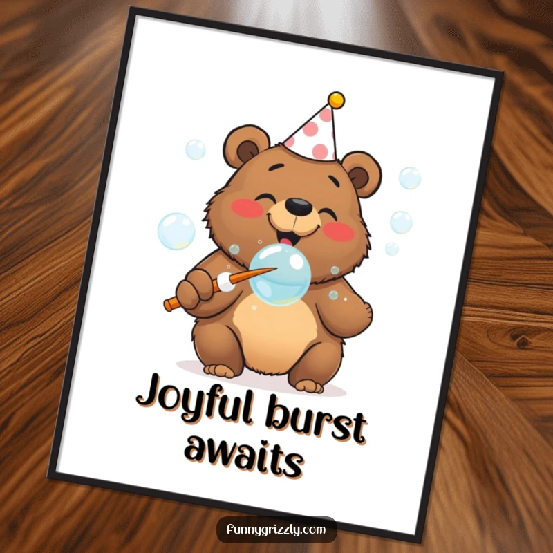 Cheerful grizzly bear in a party hat gleefully blowing bubbles with a huge wand, as downloadable festive digital art.