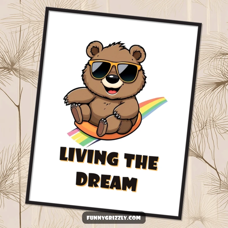 Funny smiling grizzly bear in sunglasses slides down a rainbow, presented as downloadable whimsical digital art.