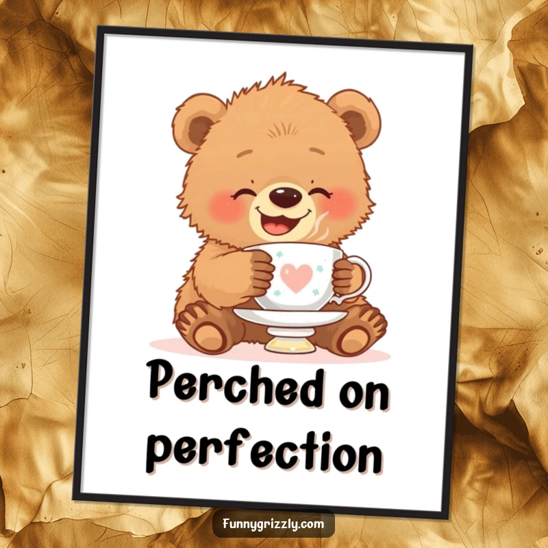 Funny digital art print of a giggling grizzly bear cub balancing a teacup on its head, full of charm and downloadable whimsy.