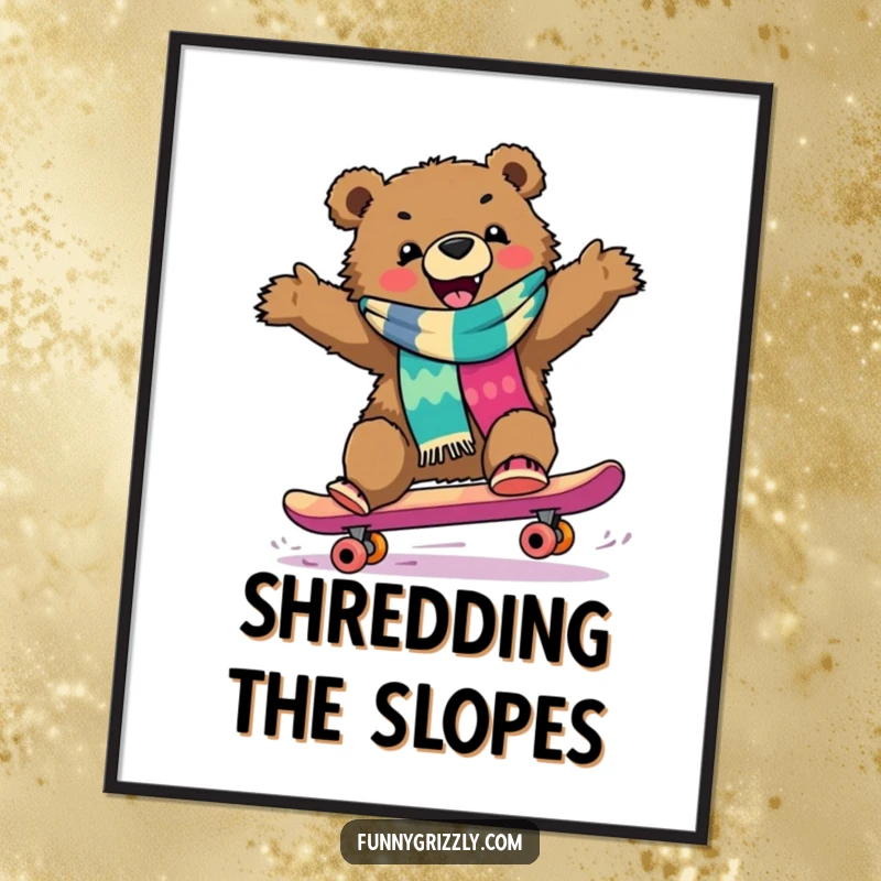 Funny grizzly bear in a colorful scarf gleefully riding a skateboard downhill, as downloadable humorous digital art print.