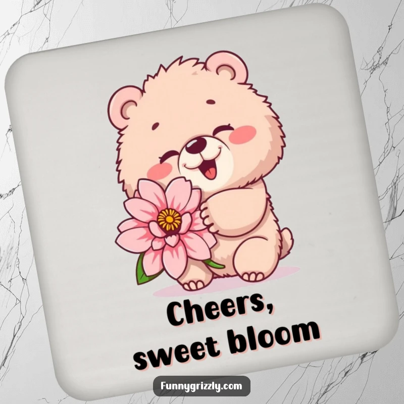 Funny drink coaster with a fluffy grizzly bear winking playfully while holding a giant flower, protecting surfaces humorously.