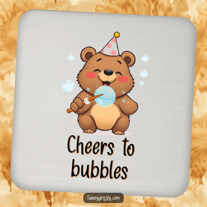 Cheerful grizzly bear in a party hat blowing bubbles with a giant wand, on a set of protective and humorous coasters.