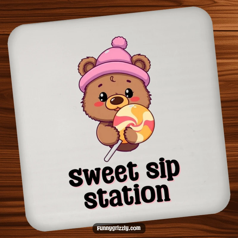 Funny grizzly bear in a hat peeking from behind a giant lollipop, on a set of protective and humorous coasters.