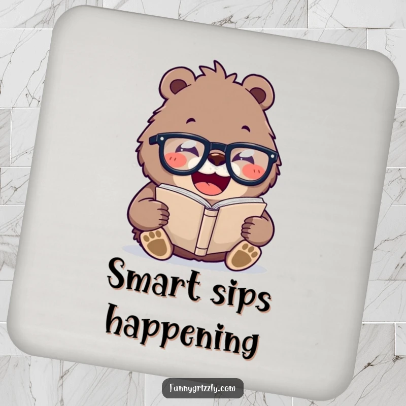 Funny drink coaster with a laughing grizzly bear wearing oversized glasses, reading a tiny book, protecting surfaces with intellectual humor.