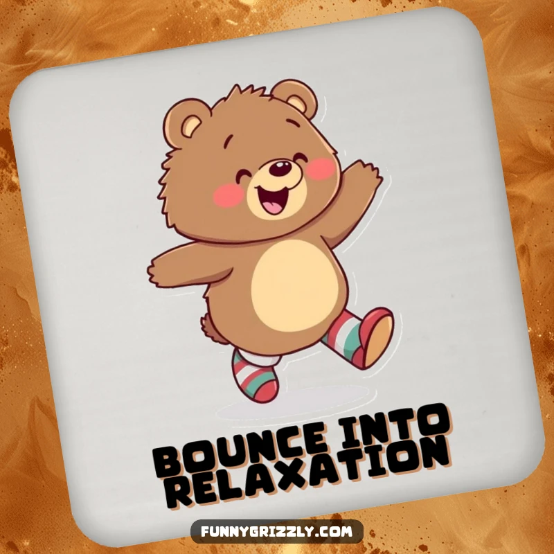 Funny drink coaster featuring a happy grizzly bear skipping with glee, wearing mismatched socks, adding whimsical protection.